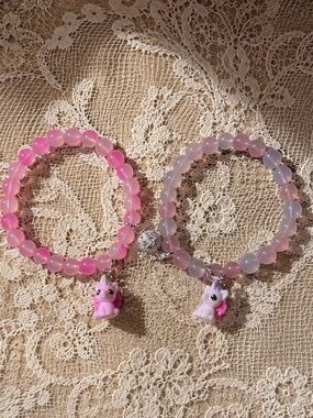 Cute Pink Beaded Best Friend Stretch Bracelets with Unicorn Charms